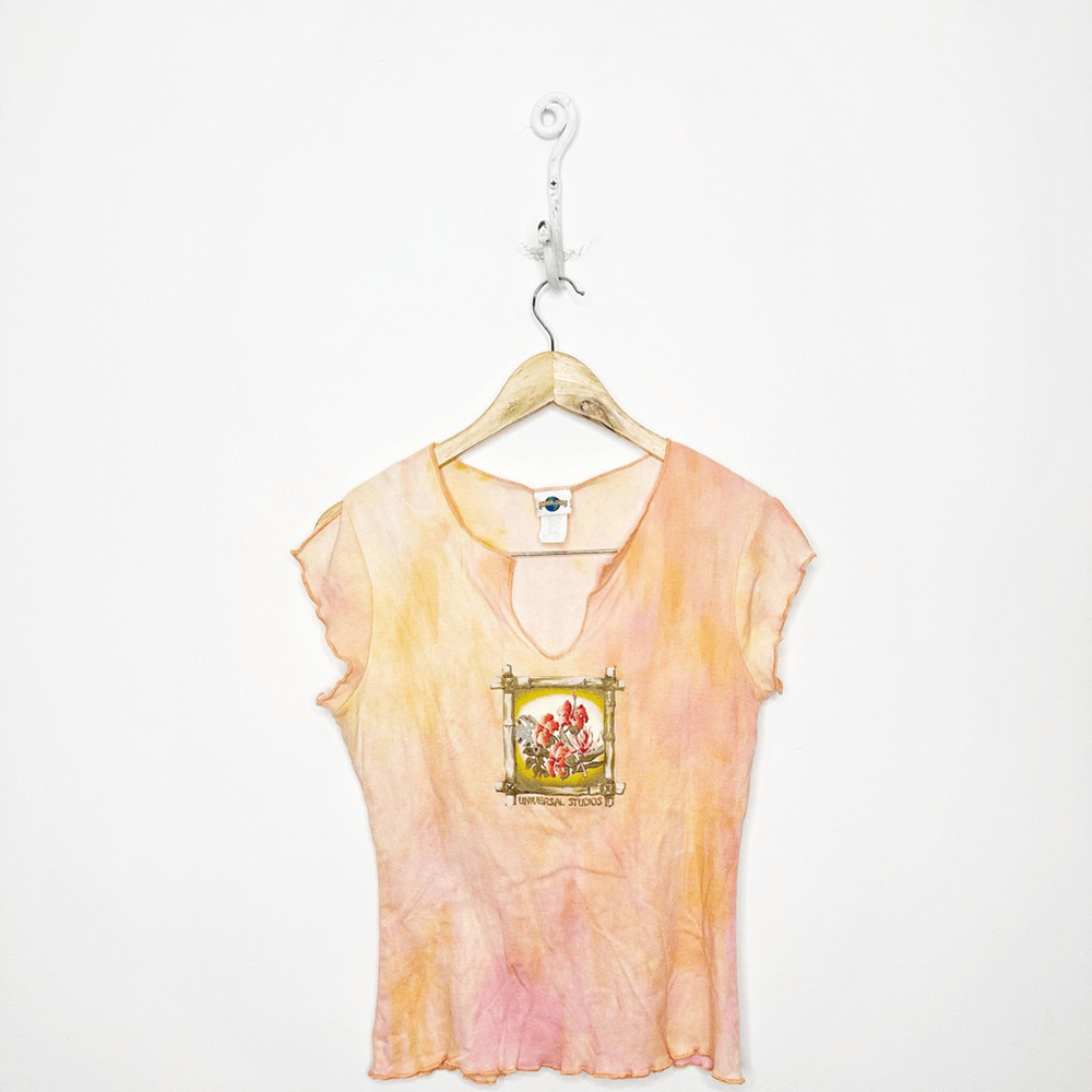 vtg y2k 00s 90s UNIVERSAL STUDIOS lettuce hem tie dye logo t shirt orange size M